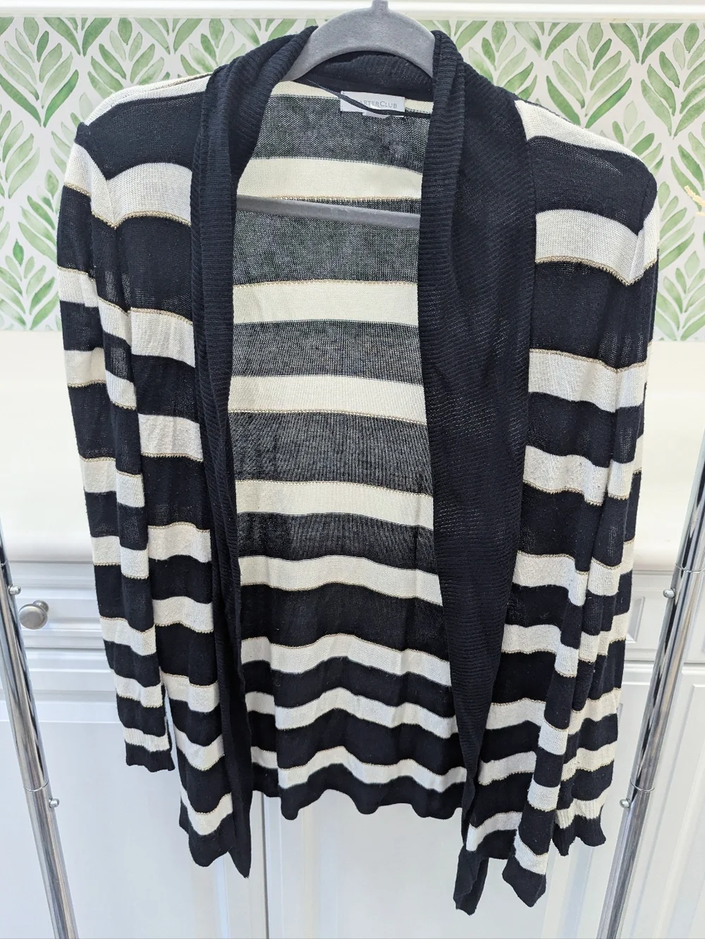 Striped Open-Front Cardigan Black and Cream Charter Club Large Metallic Stripes
